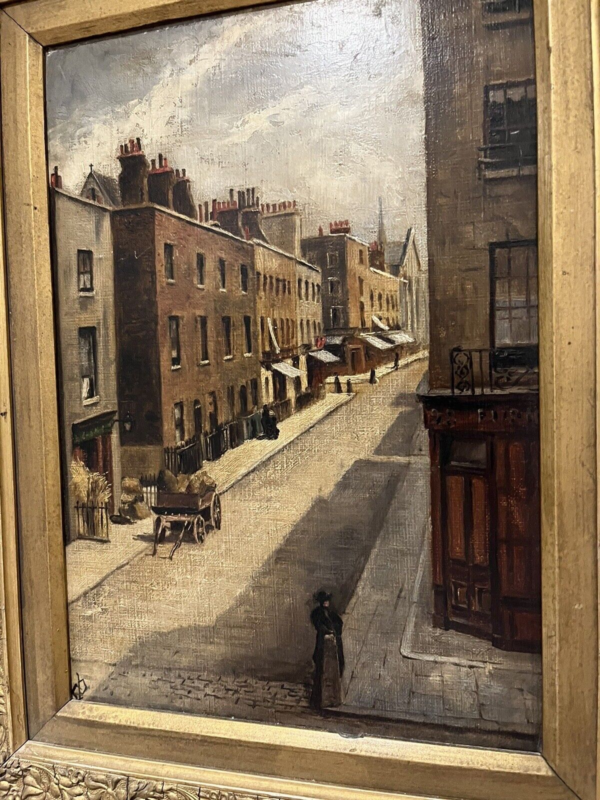 Victorian English Street Scene, Oil on board, Signed, In Gilt Frame.