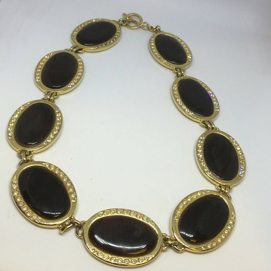 Vintage Necklace Black Brown Gold Tone Diamanté Statement