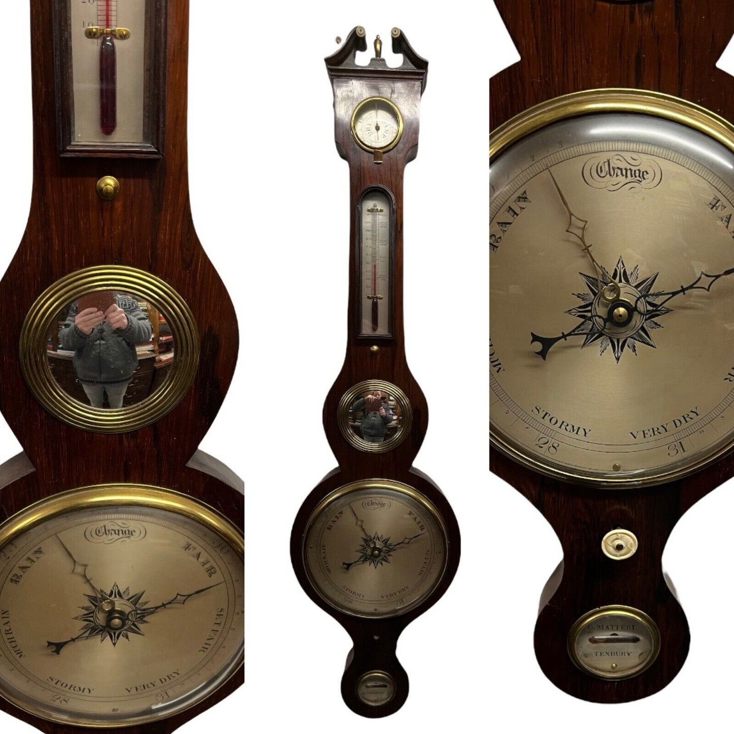 Victorian Barometer In Rosewood Case, Convex Glass, Silvered Dials.