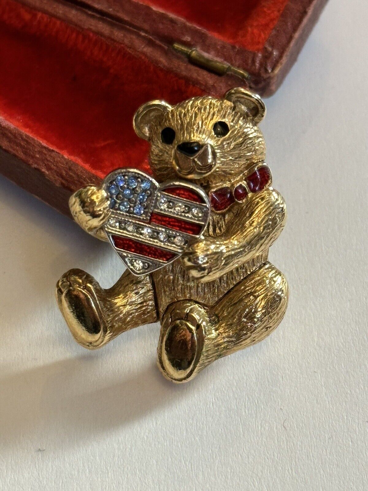 Vintage Gold Tone Signed Christopher Radko Teddy USA Flag Brooch