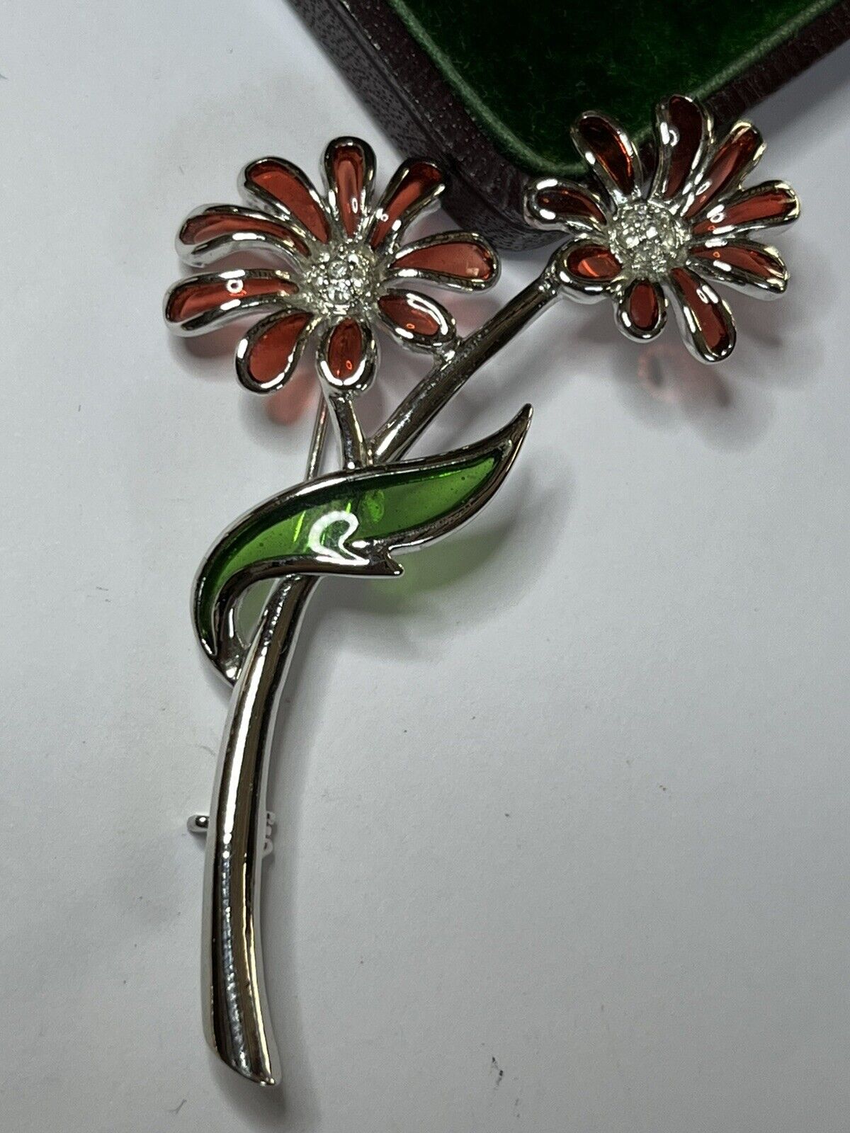 Vintage Silver Tone Plaque A Jour Red Flowers Brooch