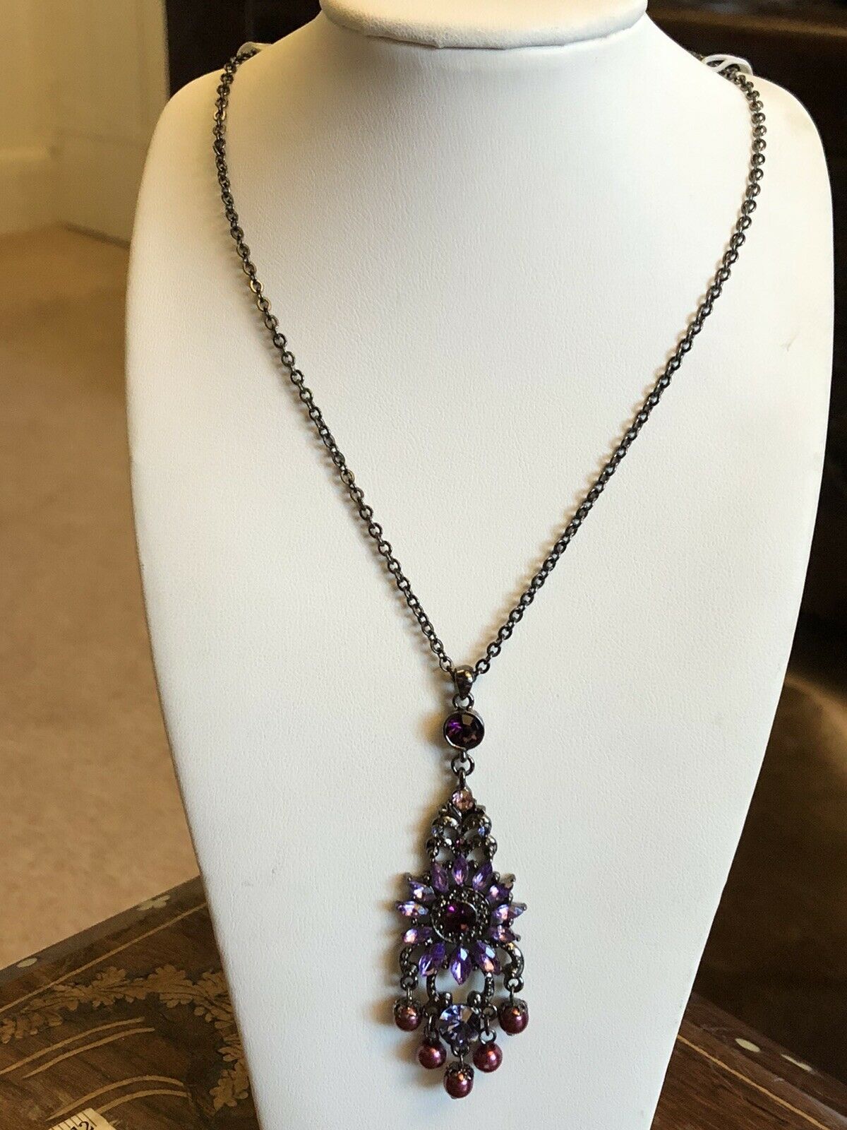 Vintage Purple Diamanté Faux Pearl Drop Necklace