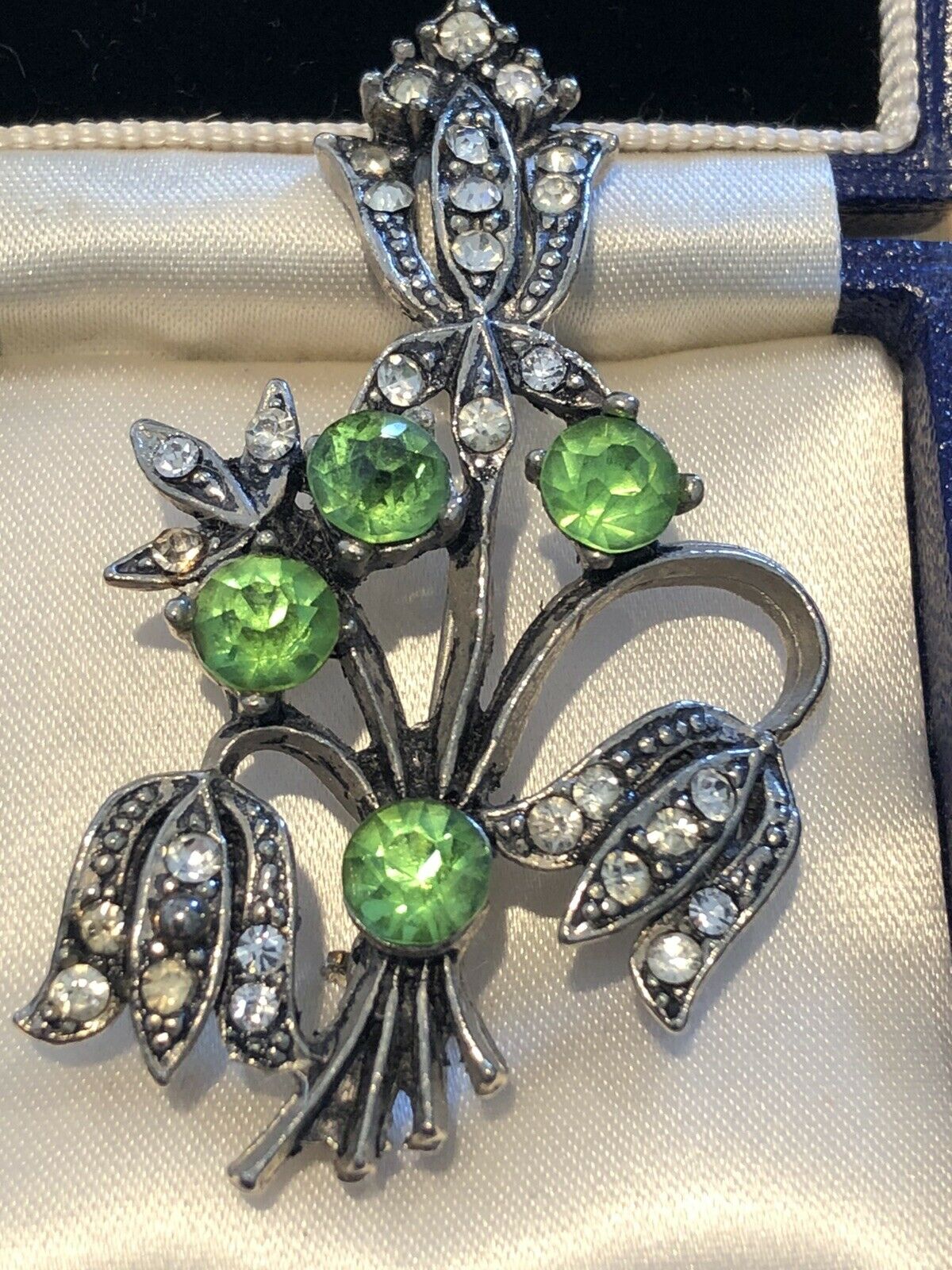 Vintage Silver Tone Green Clear Paste Flower Brooch