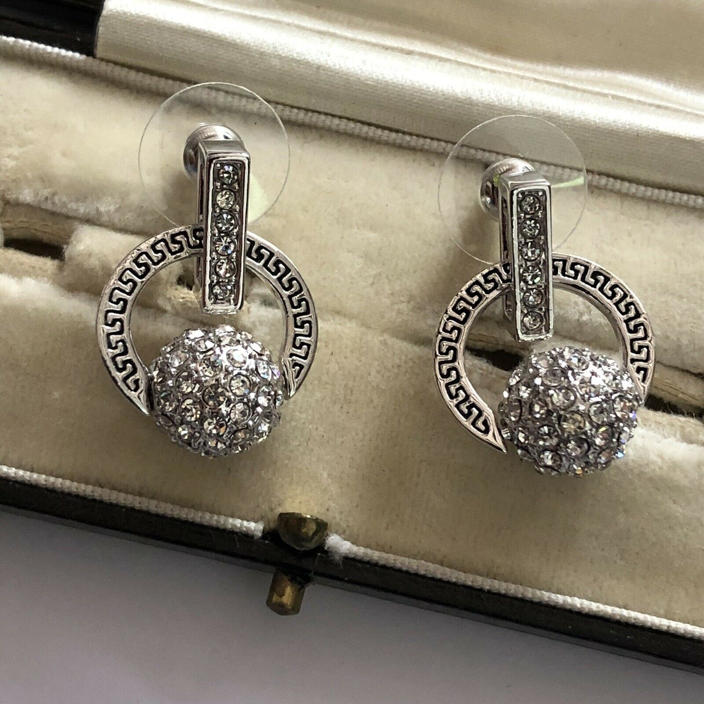 Vintage 1980s Rhodium Plated Cubic Zirconia Drop Balls Earrings