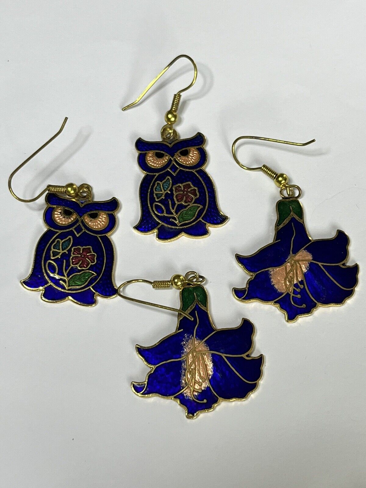 Vintage Enamel Owl And Flowers Drop Earrings Set Of Two