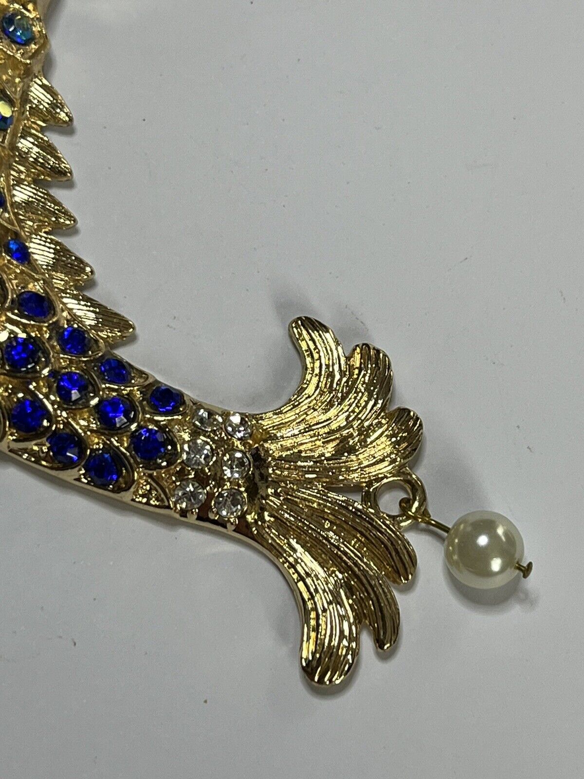 Vintage Gold Tone Blue Diamanté Fish Statement Pendant Necklace