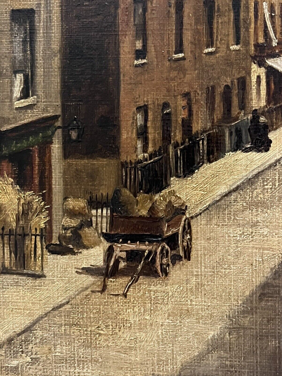 Victorian English Street Scene, Oil on board, Signed, In Gilt Frame.