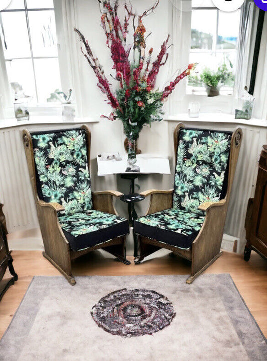 Mid Century Oak Armchairs Newly Upholstered In A Bright Jungle Print.