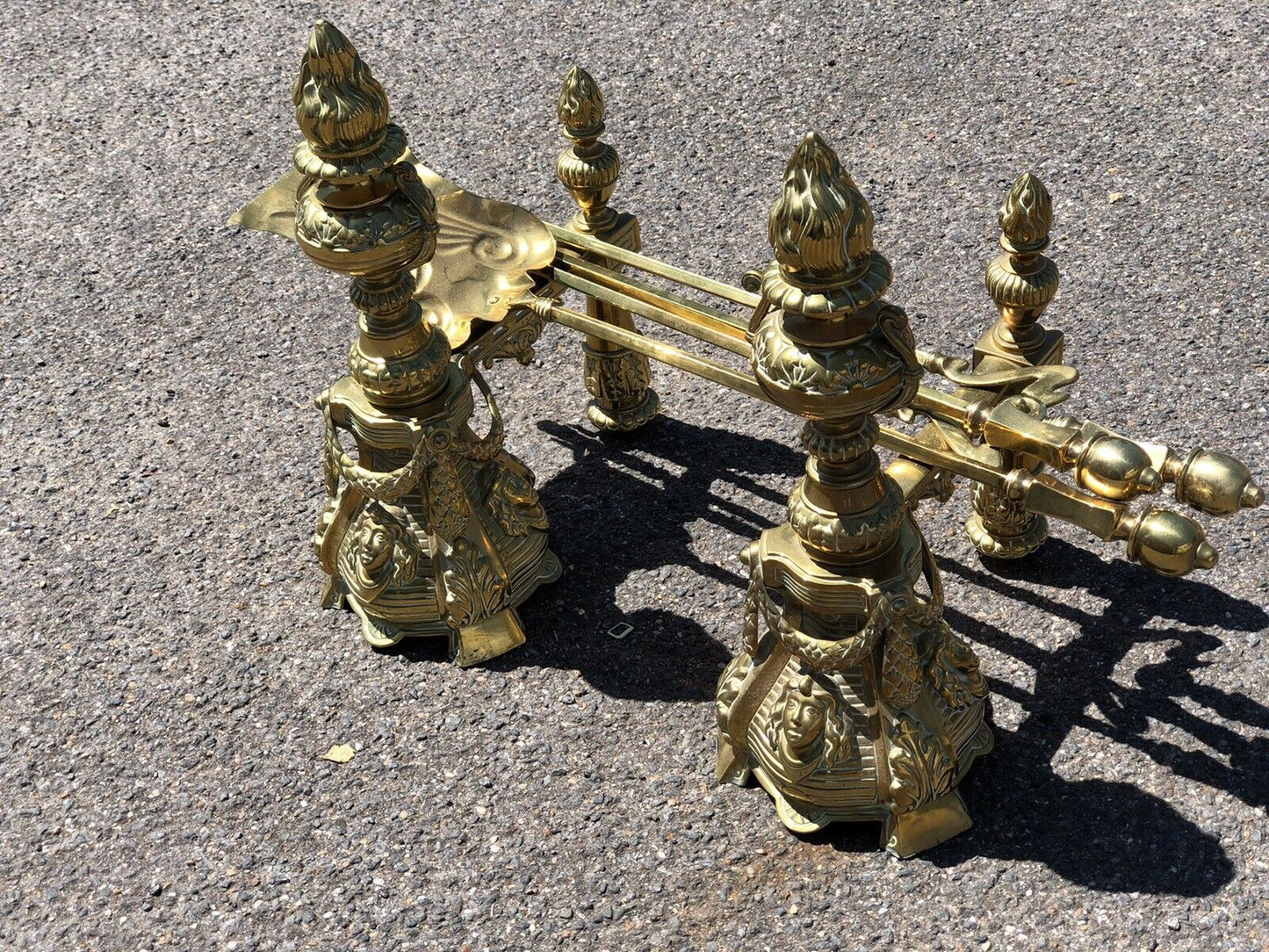 Victorian Brass Fire Tools & Fire dogs. Large And Exceptional Quality.