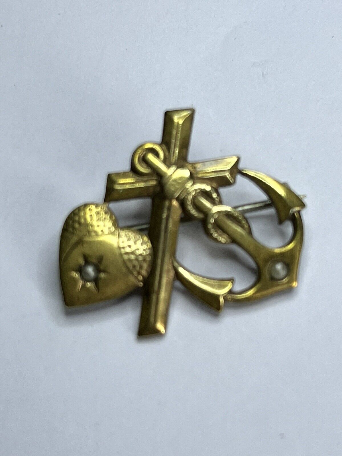 WW1 German Naval Sweetheart Faux Pearl Anchor Cross Heart Brooch