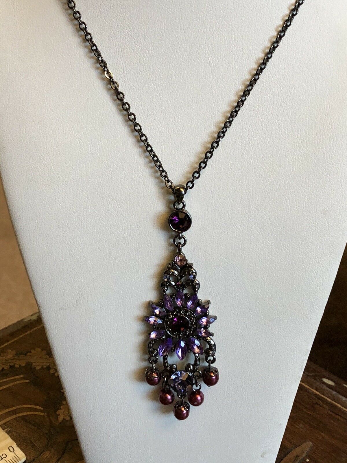 Vintage Purple Diamanté Faux Pearl Drop Necklace