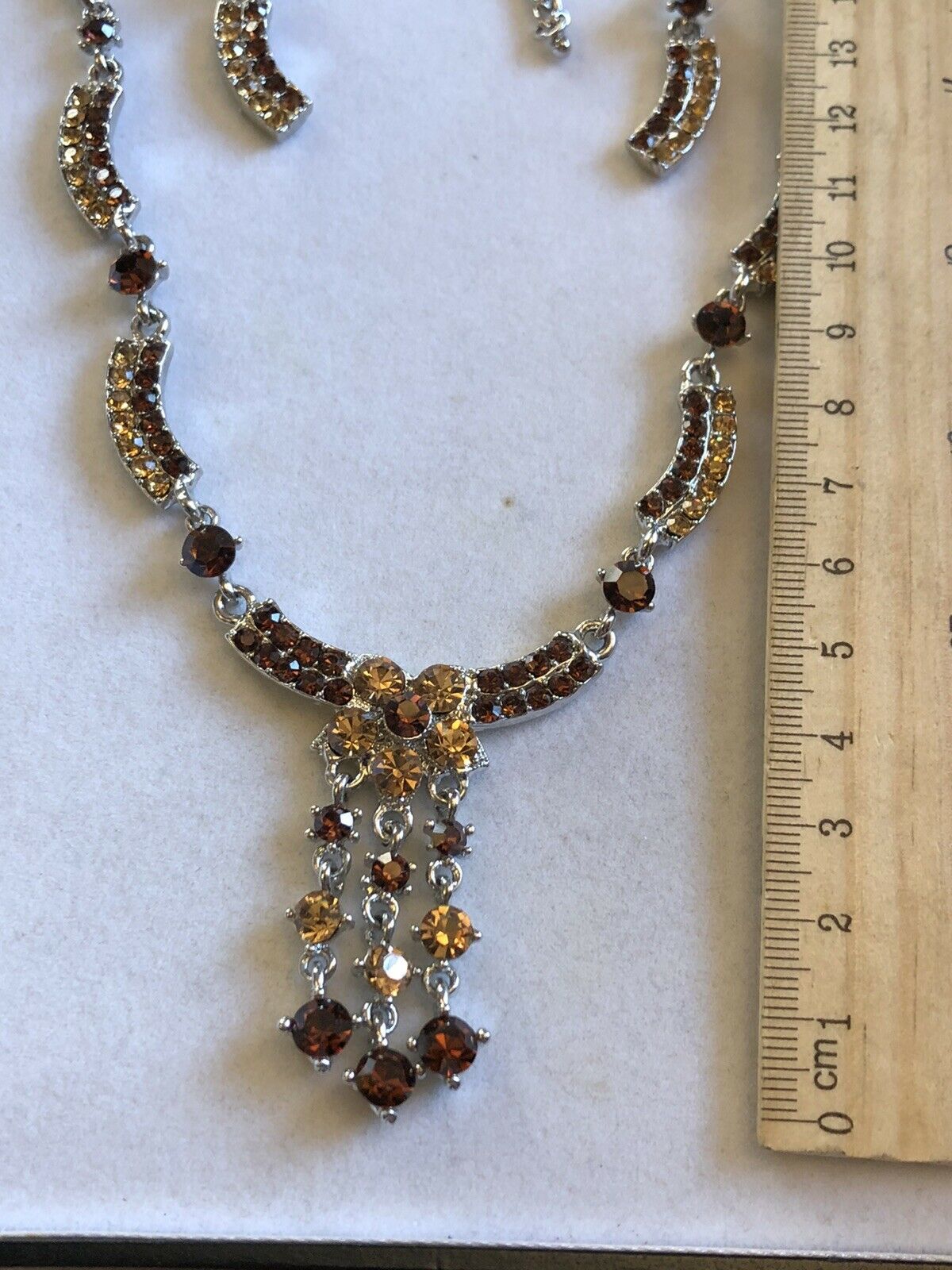 Vintage Silver Tone Burnt Orange Diamanté Necklace And Earring Set