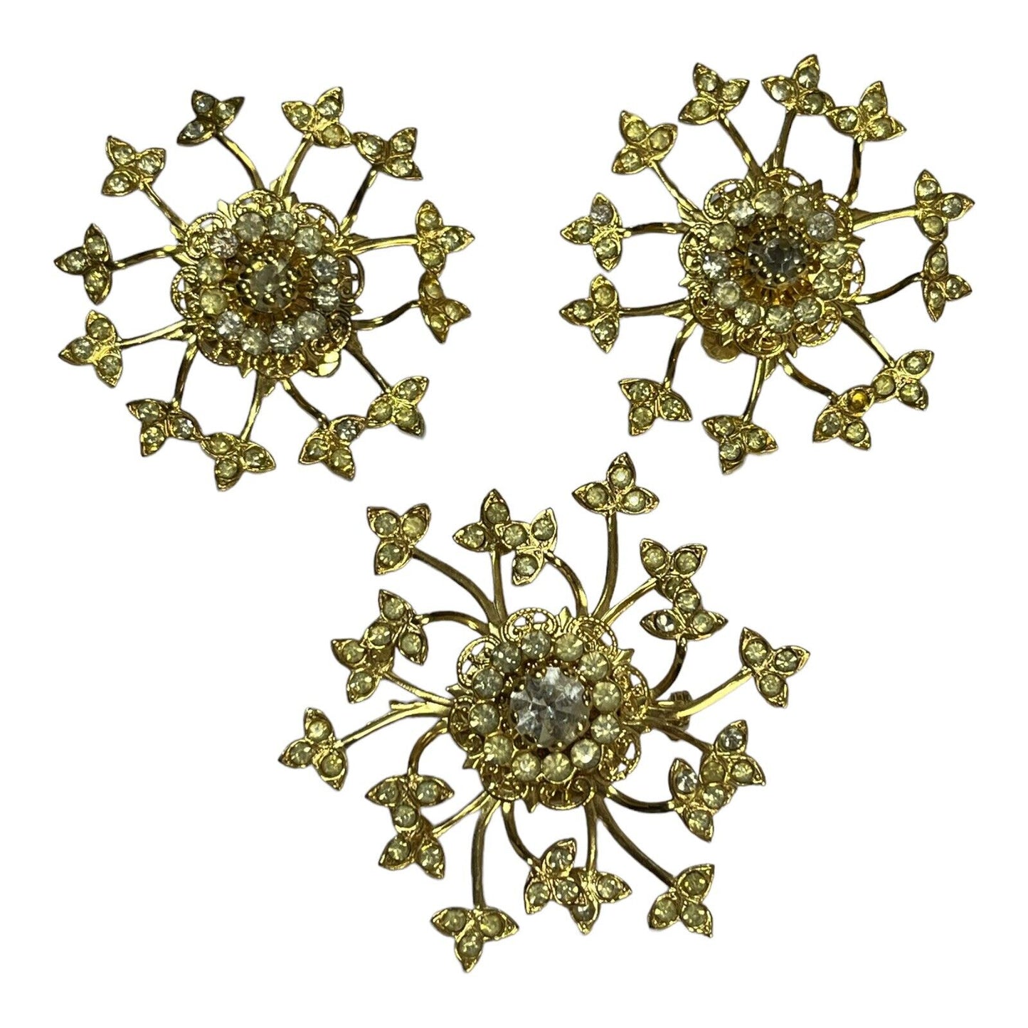 Vintage Gold Tone Paste Snowflake Flower Clip On Earring Brooch Set