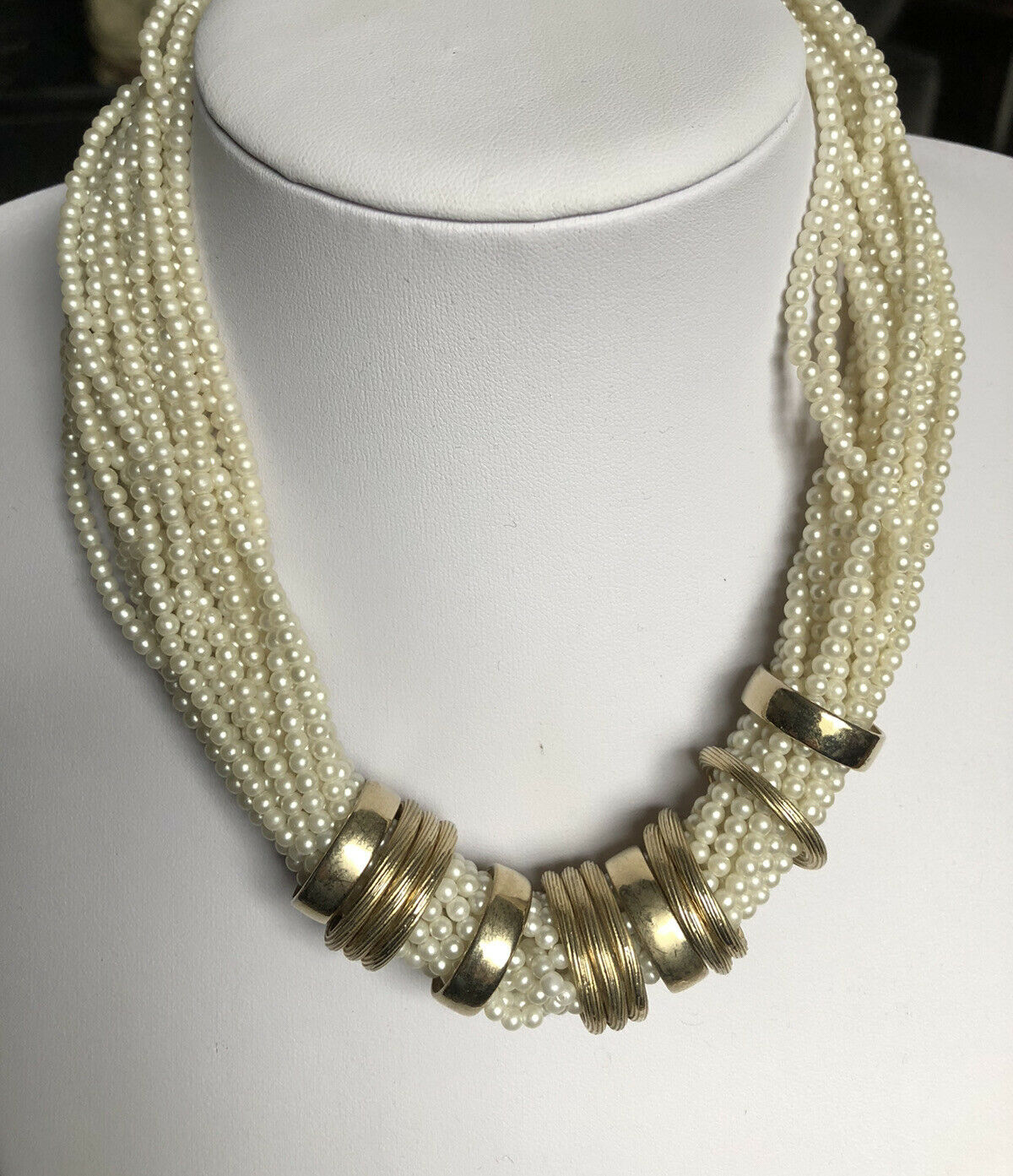 Vintage Multi Strand Faux Pearl Gold Tone Necklace