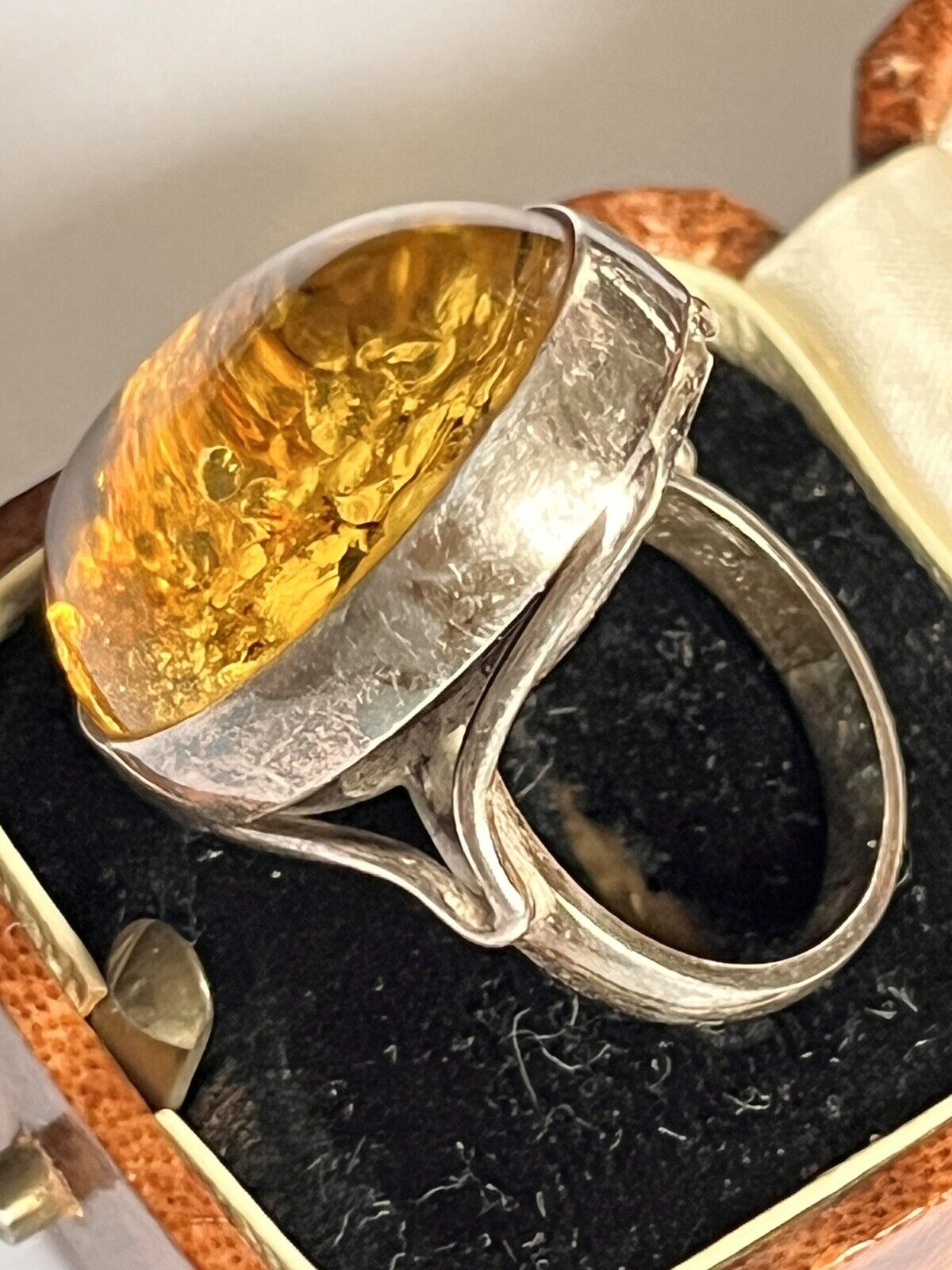 Vintage Silver 925 Yellow Baltic Amber Statement Ring