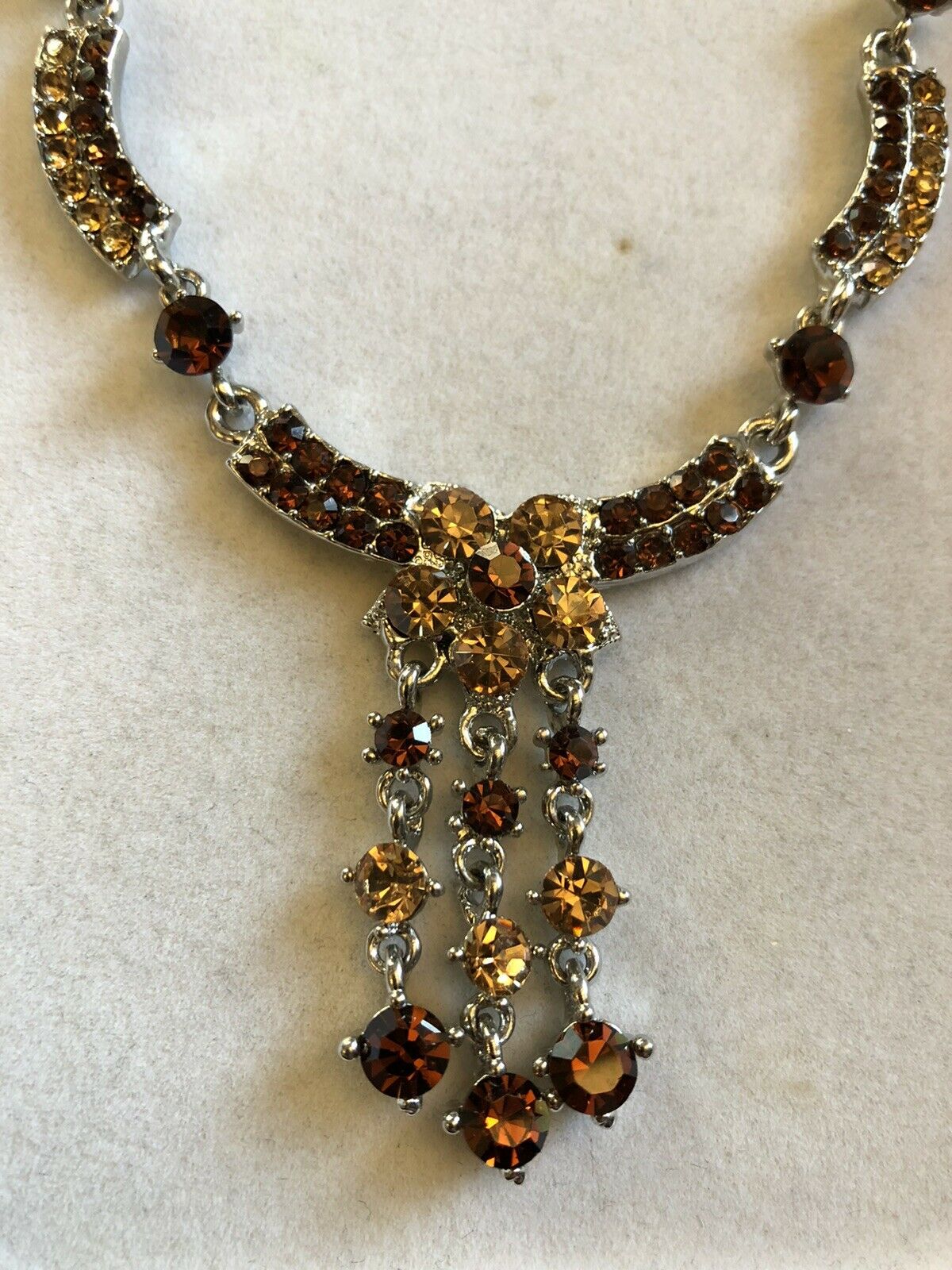 Vintage Silver Tone Burnt Orange Diamanté Necklace And Earring Set