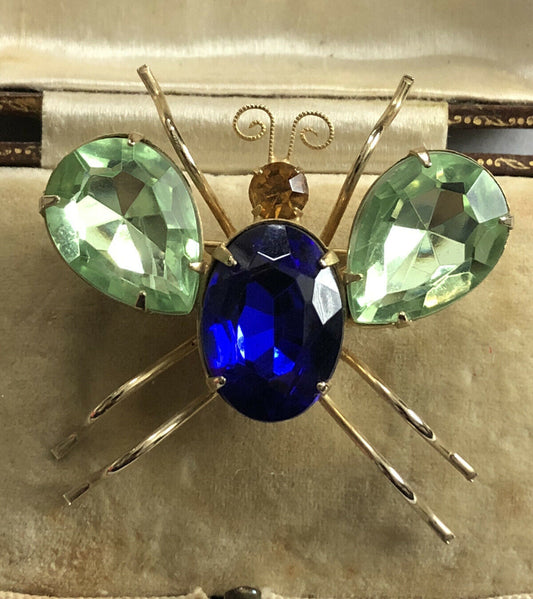 Vintage Diamanté Statement Green Blue Bug Brooch