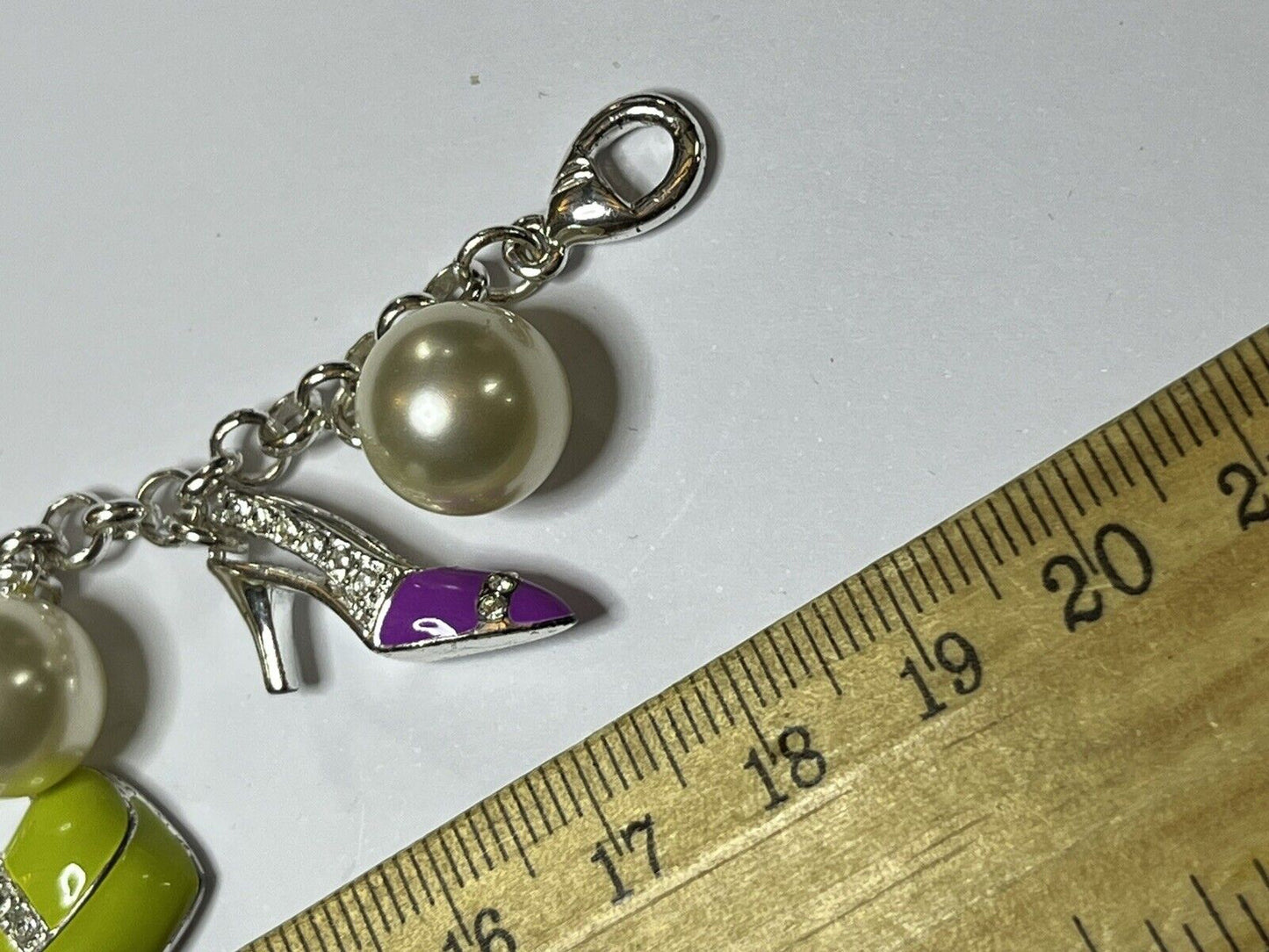 Vintage Signed Silver Tone Enamel Shoes Bag Charm Bracelet