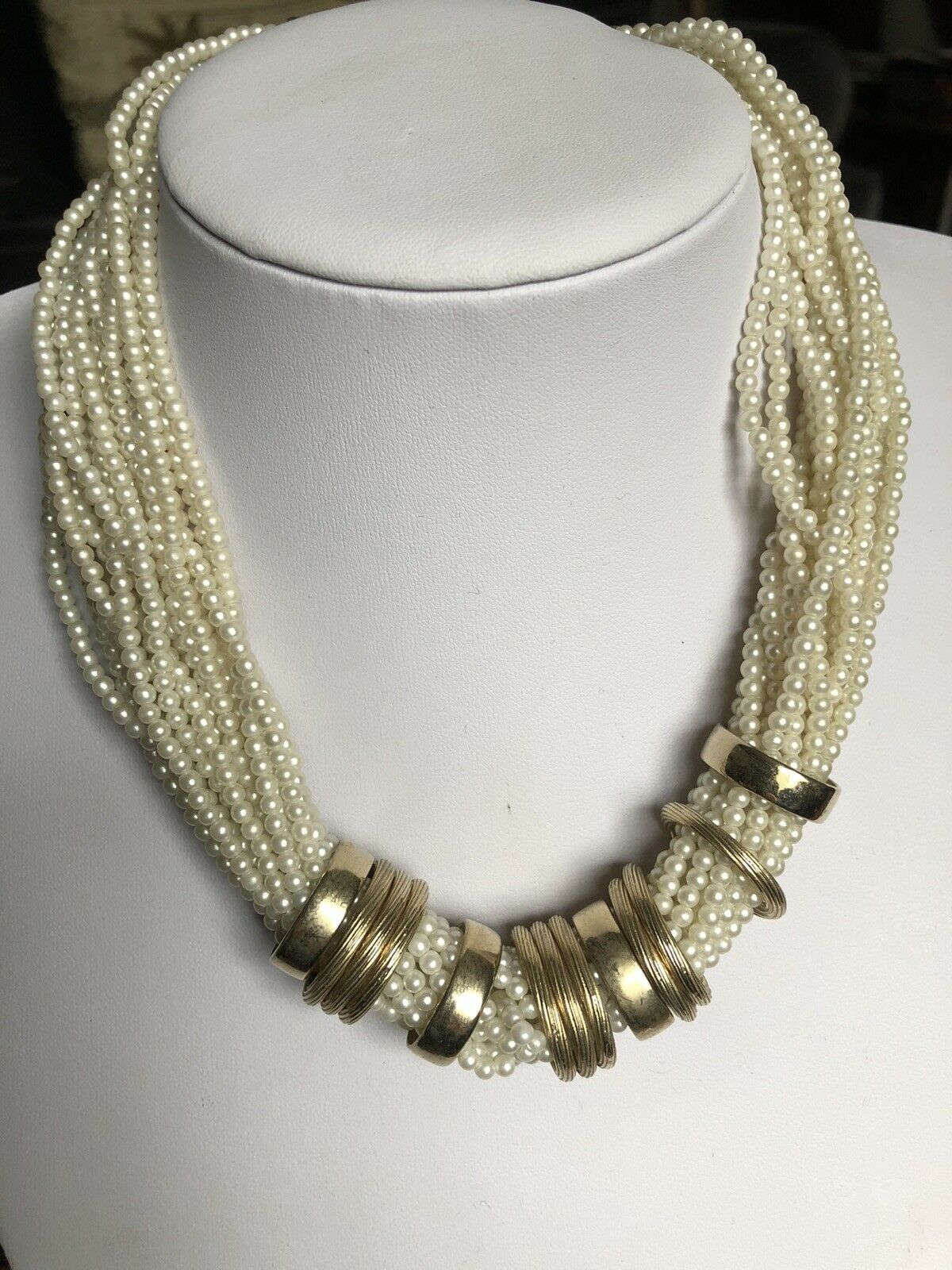 Vintage Multi Strand Faux Pearl Gold Tone Necklace