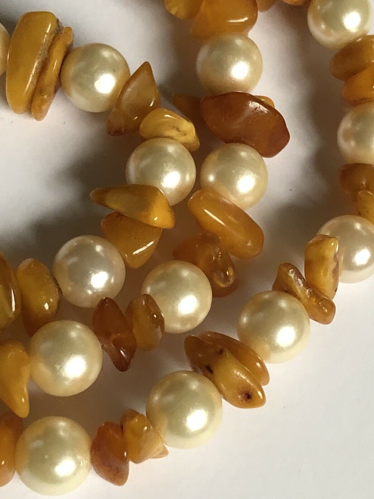 Vintage Faux Pearl Butterscotch Amber Long Length Necklace