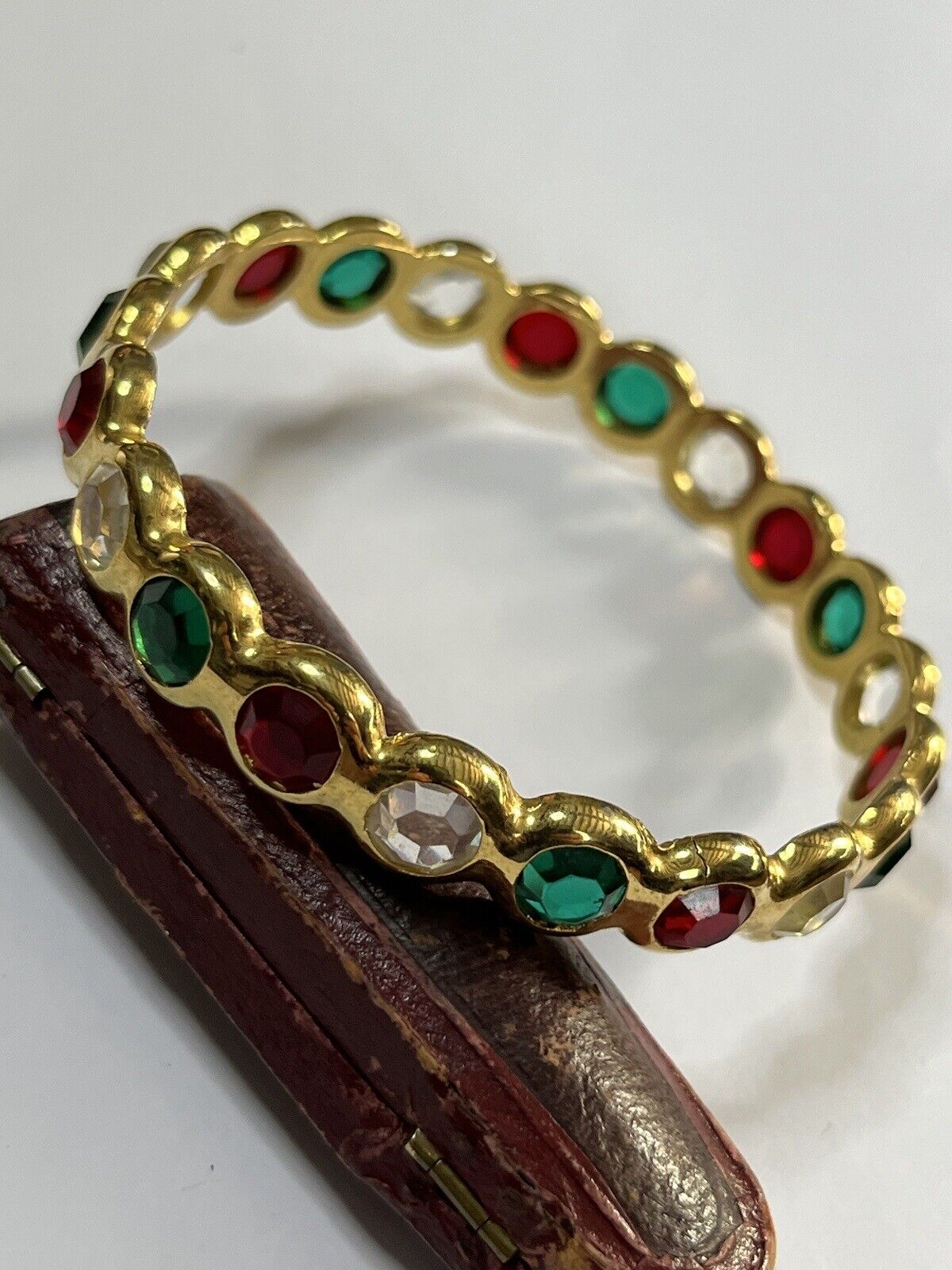 Vintage Gold Tone Red Green Clear Diamanté Inset Bangle