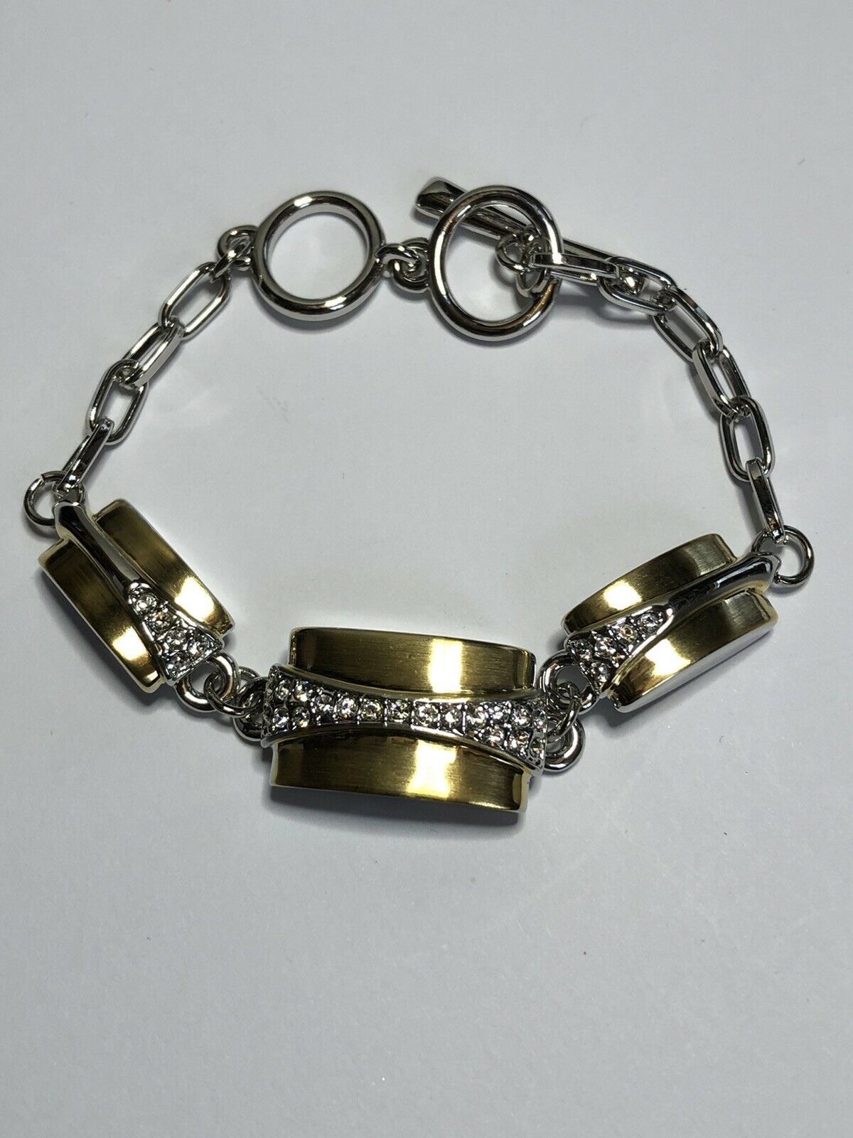 Vintage 1980s Rhodium Gold Plated Swarovski Crystal Stylish Toggle Bracelet