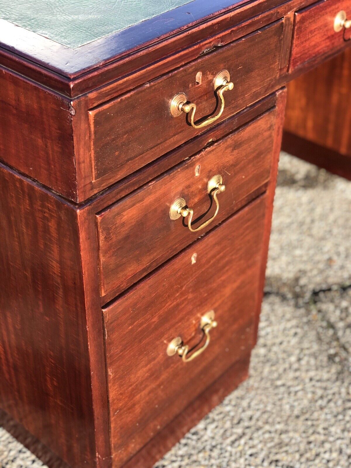 Mahogany Pedestal Desk, Brass Handles, New Green Top. LARGE IN SIZE