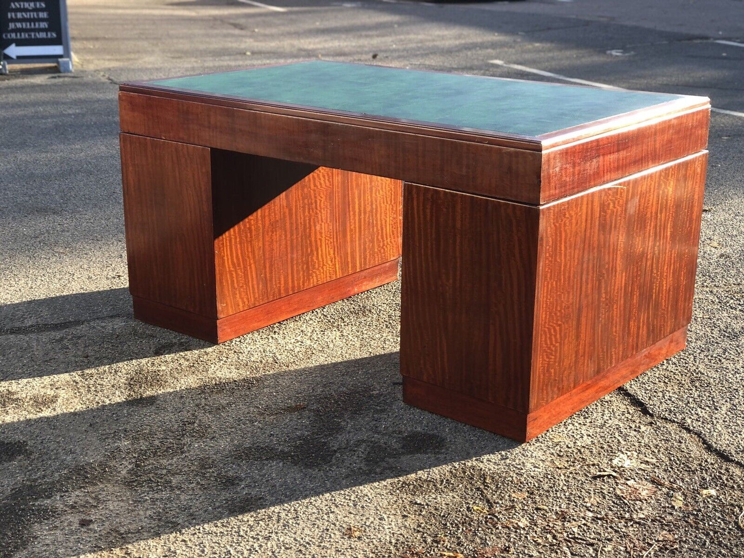 Mahogany Pedestal Desk, Brass Handles, New Green Top. LARGE IN SIZE