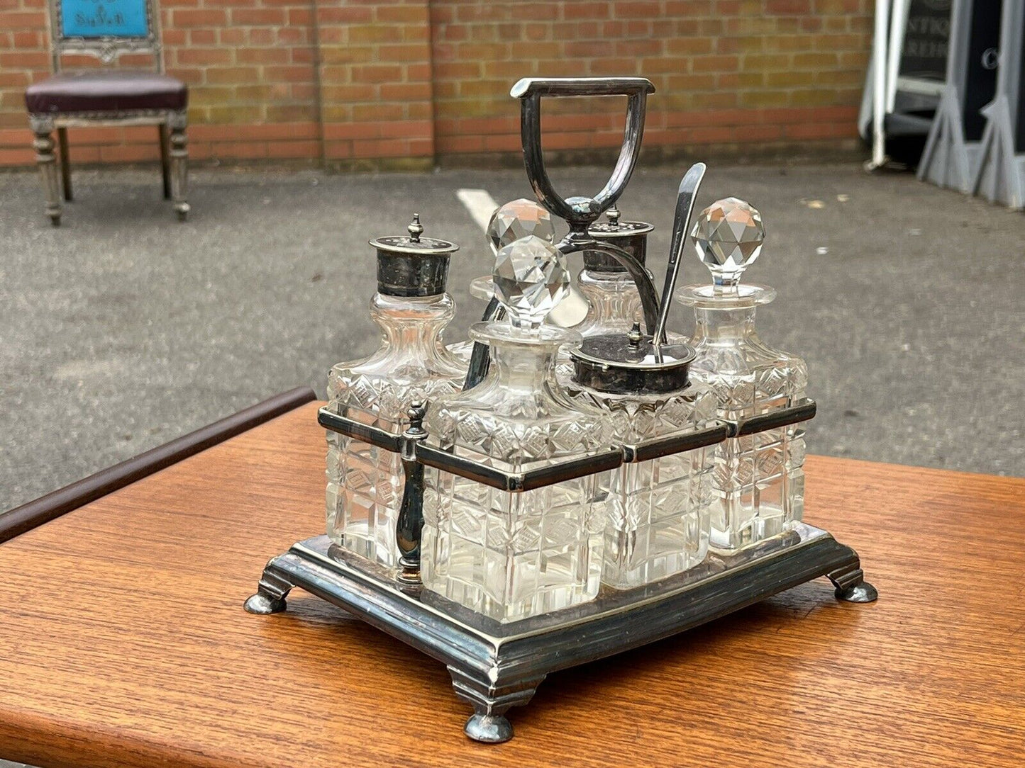 Victorian Silver Plate Cruet Set. Cut Glass Bottles