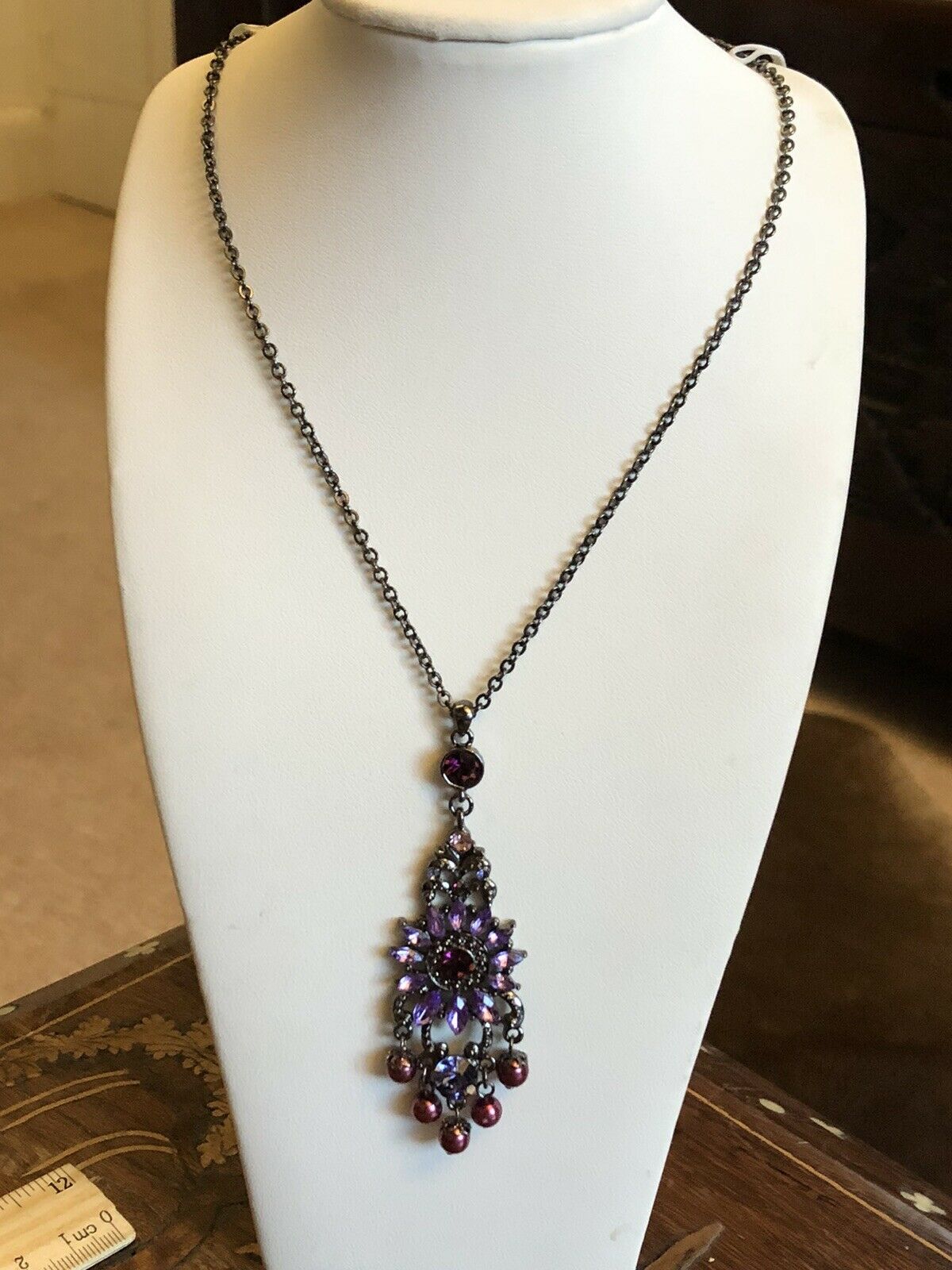 Vintage Purple Diamanté Faux Pearl Drop Necklace