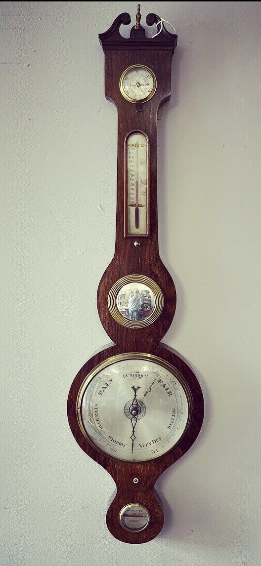 Victorian Barometer In Rosewood Case, Convex Glass, Silvered Dials.