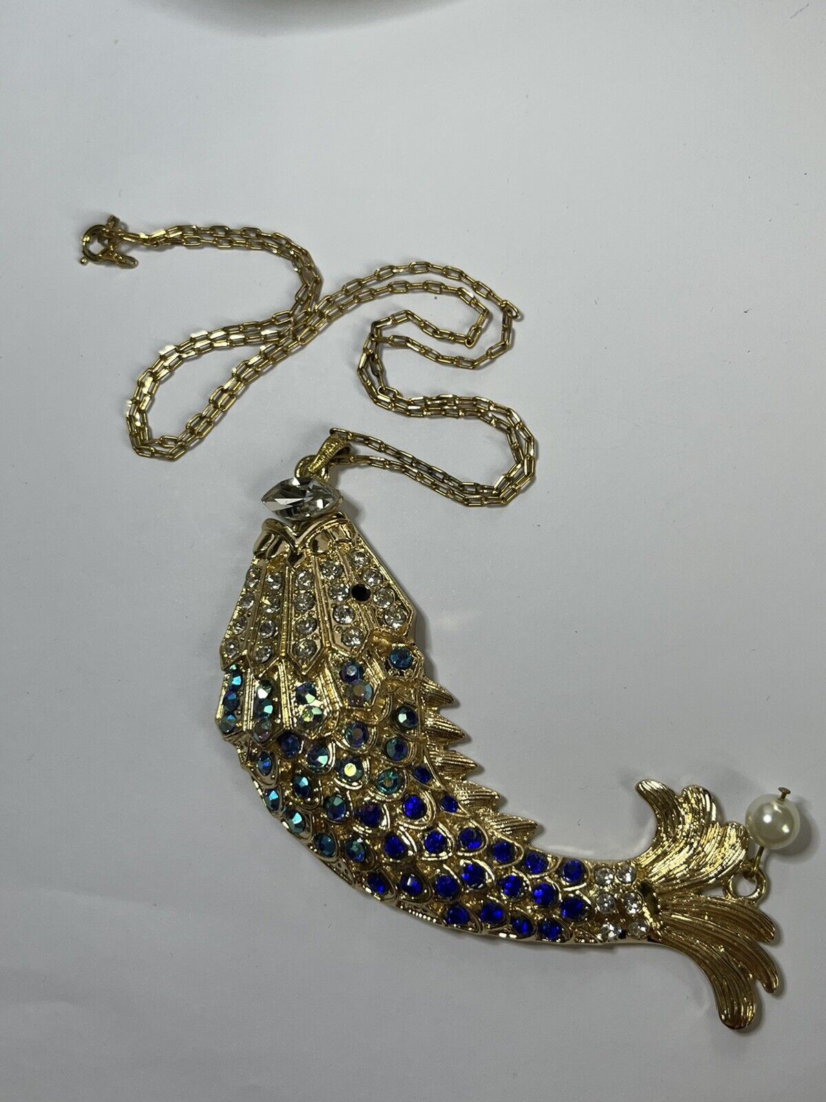 Vintage Gold Tone Blue Diamanté Fish Statement Pendant Necklace