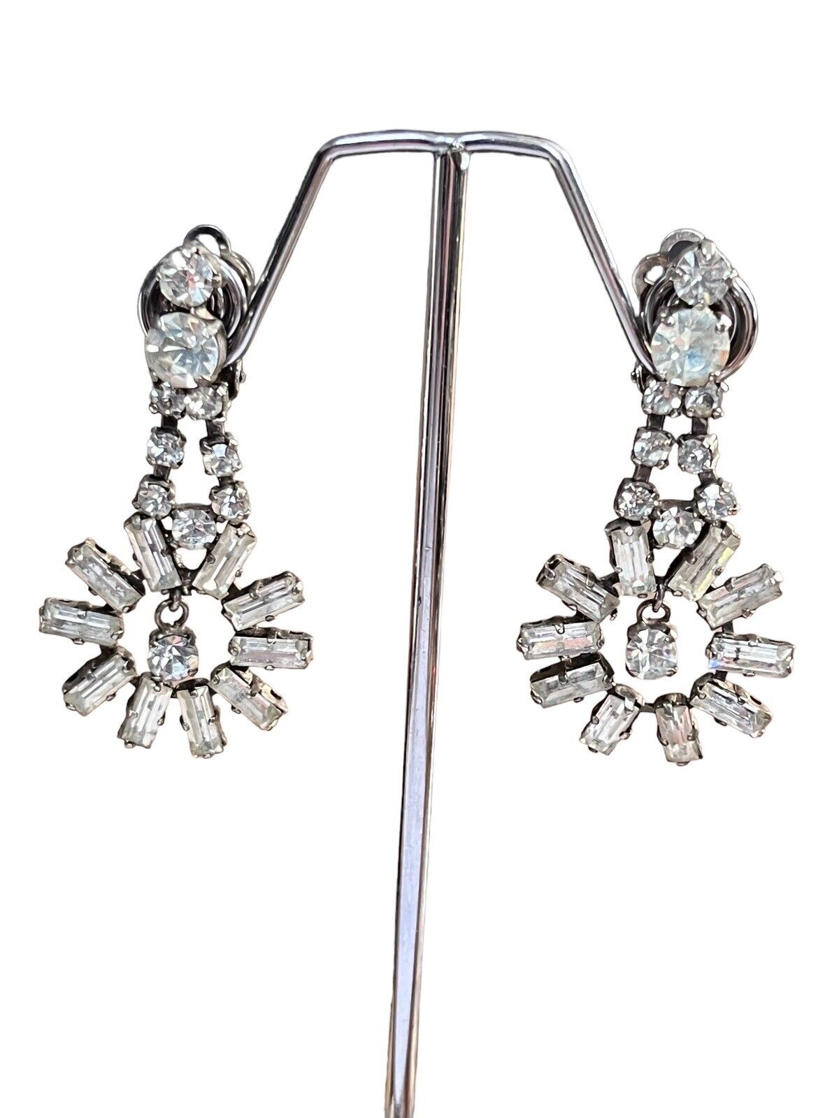 Vintage Silver Tone Paste Starburst Drop Earrings