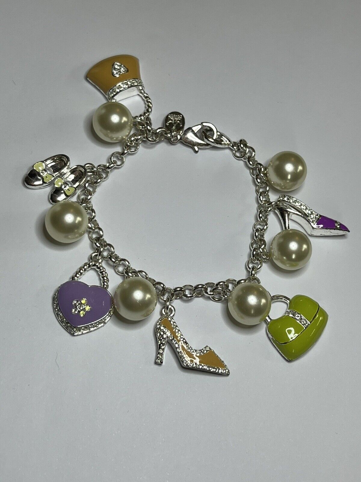 Vintage Signed Silver Tone Enamel Shoes Bag Charm Bracelet