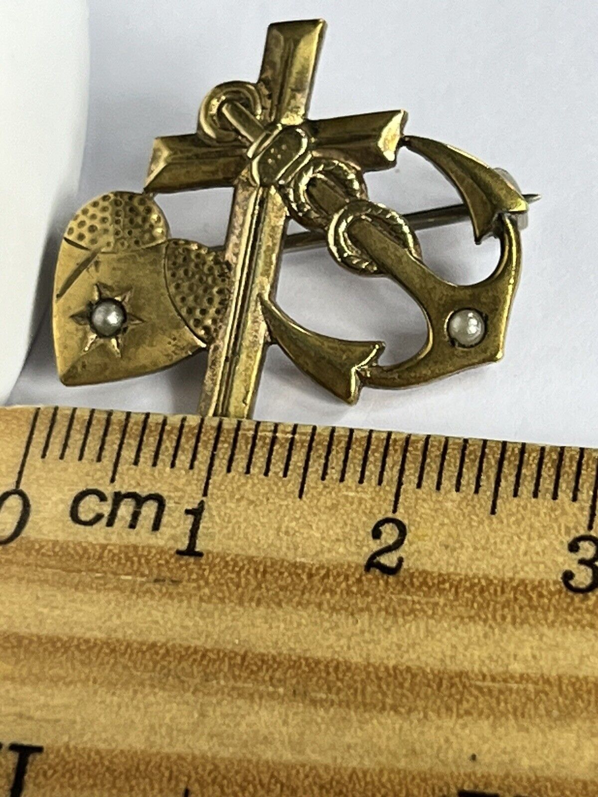 WW1 German Naval Sweetheart Faux Pearl Anchor Cross Heart Brooch