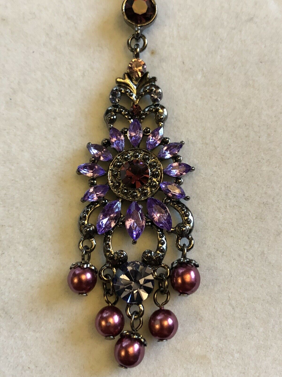 Vintage Purple Diamanté Faux Pearl Drop Necklace