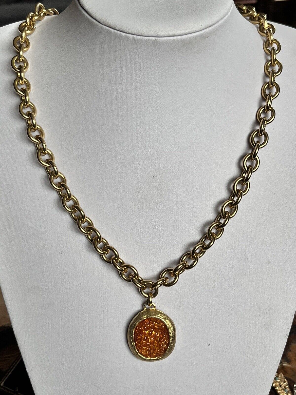 Vintage French Designer Remi Dis Paris Orange Gold Tone Statement Necklace