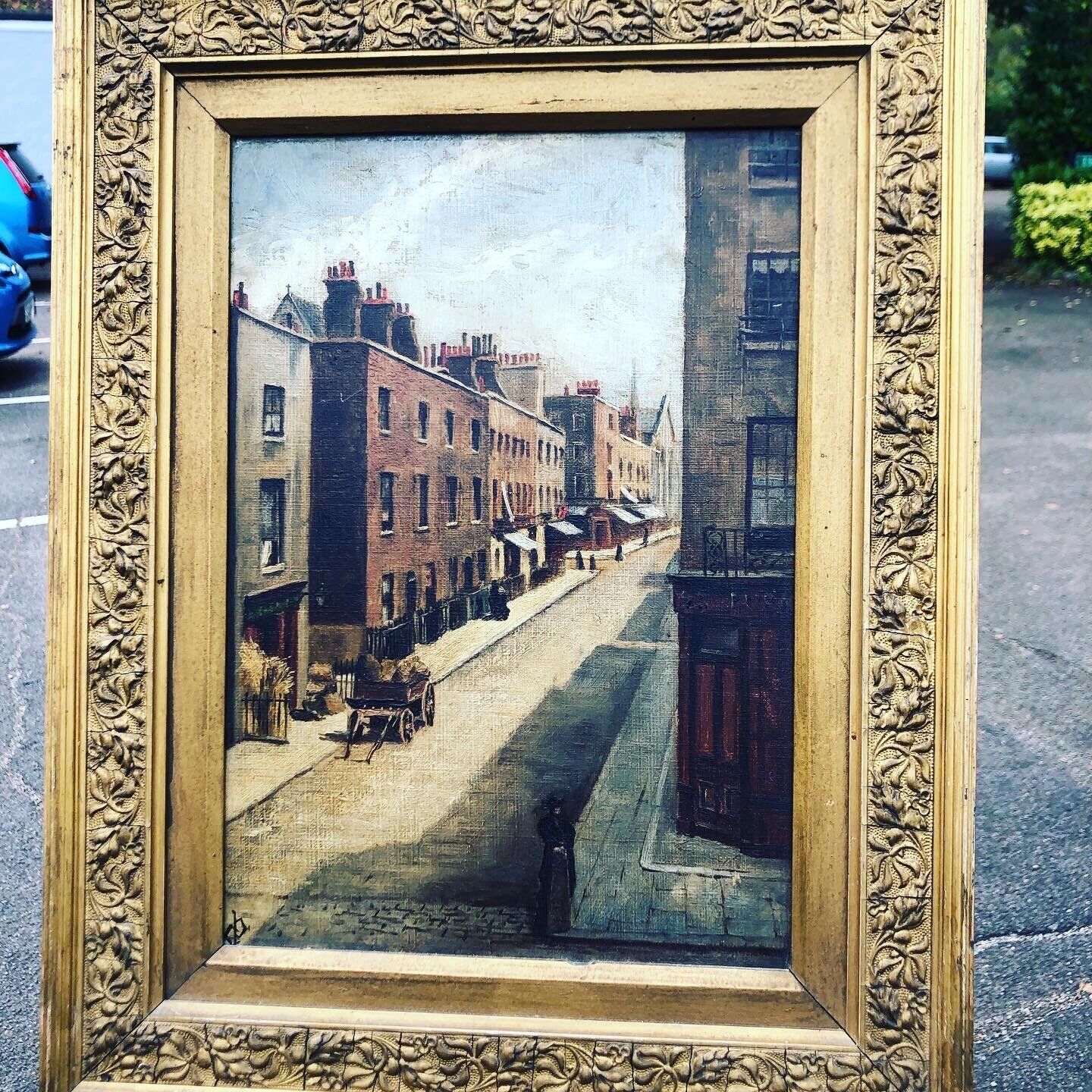 Victorian English Street Scene, Oil on board, Signed, In Gilt Frame.