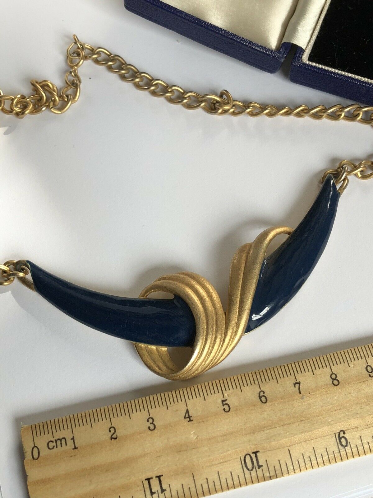 Vintage Matt Gold Tone Blue Enamel Stylised Necklace