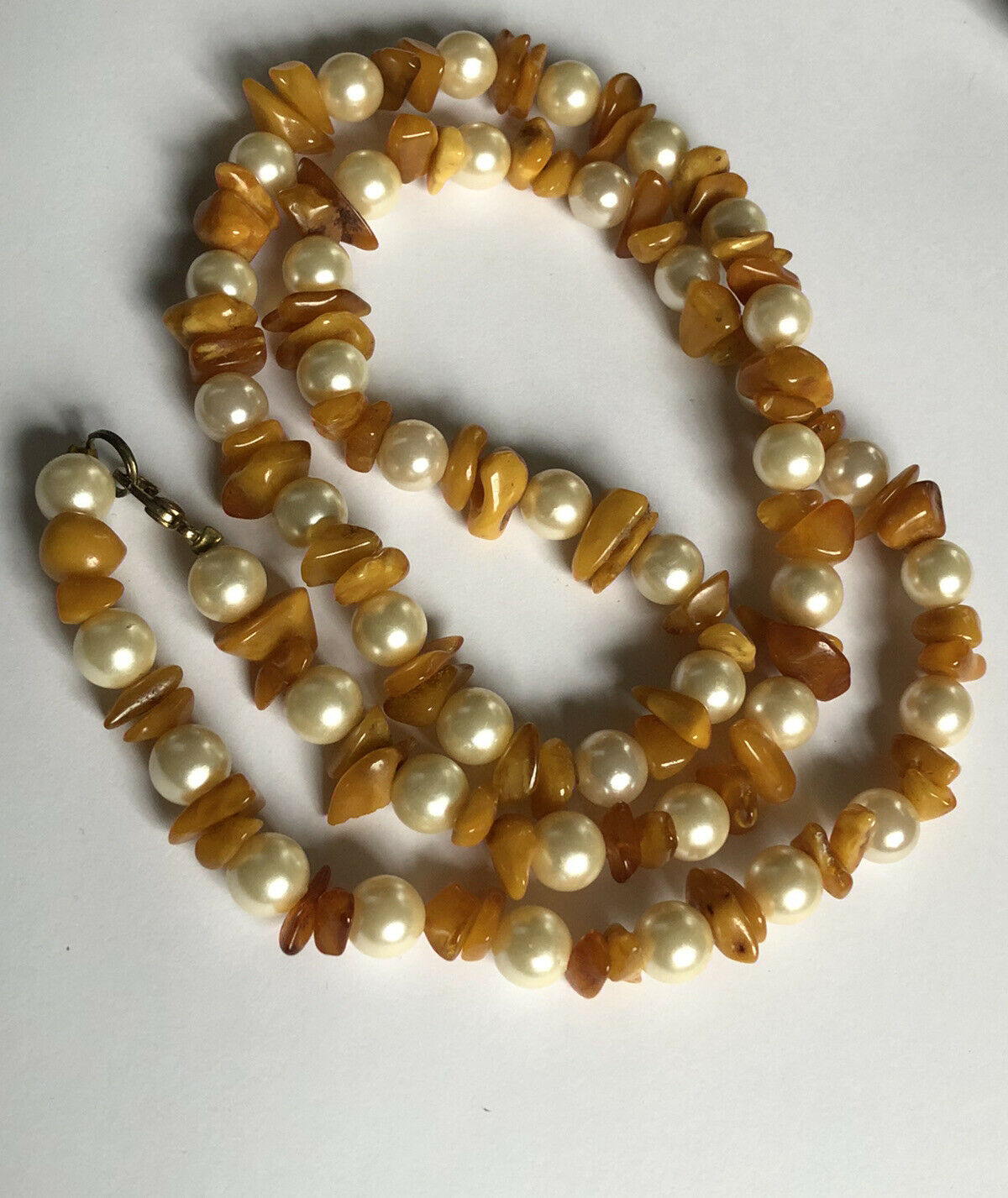 Vintage Faux Pearl Butterscotch Amber Long Length Necklace