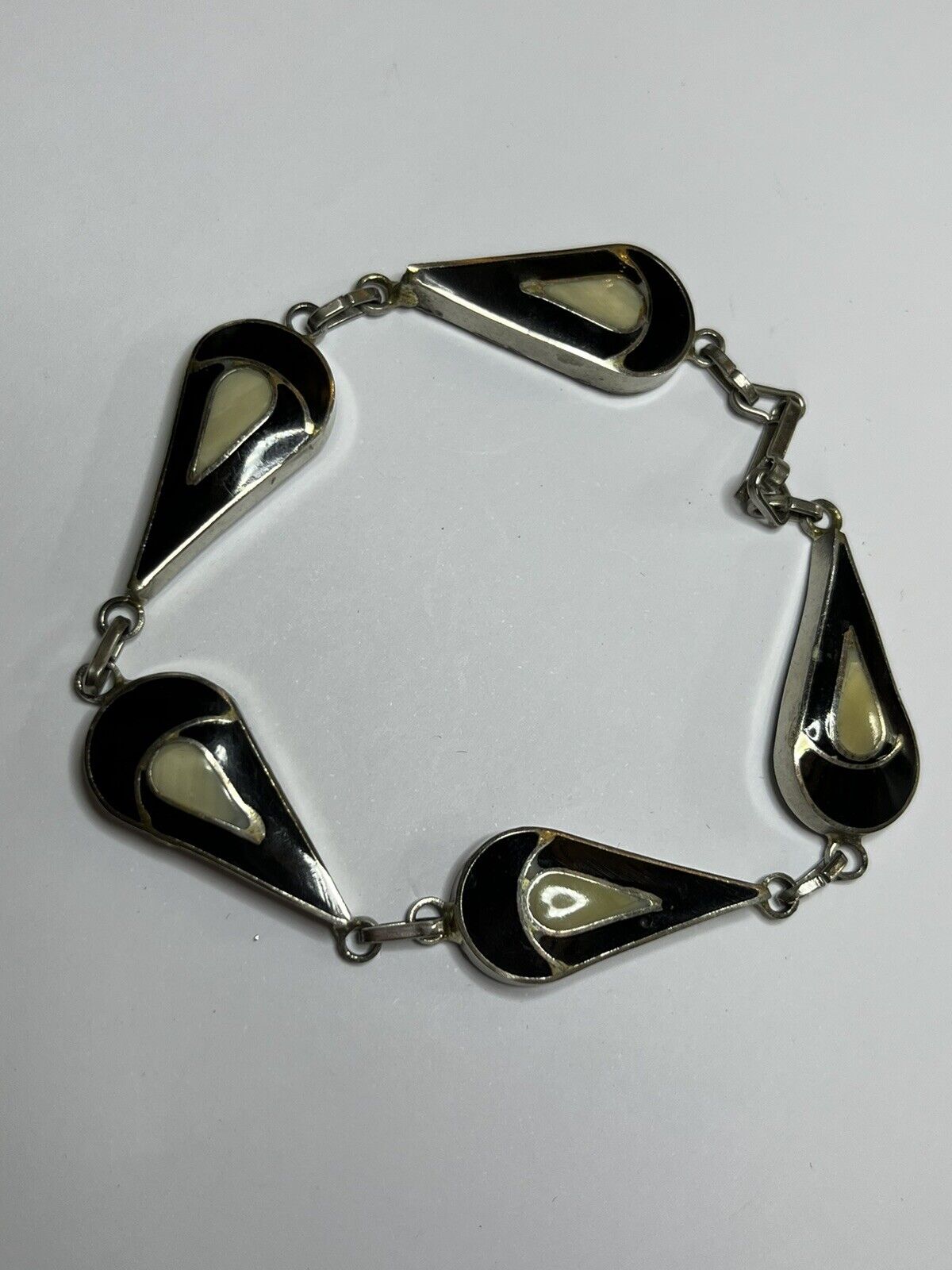 Vintage Onyx Mother Of Pearl Silver Tone Bracelet