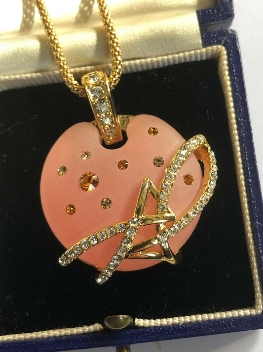 Vintage 1980s Gold Tone Peach Diamanté Pendant Necklace