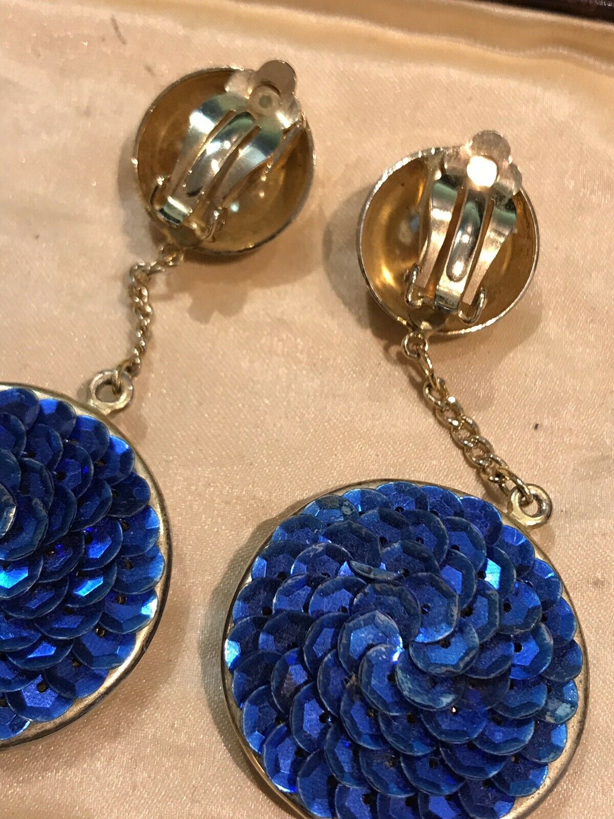 1980s Statement Drop Clip On Earrings Blue Sequin