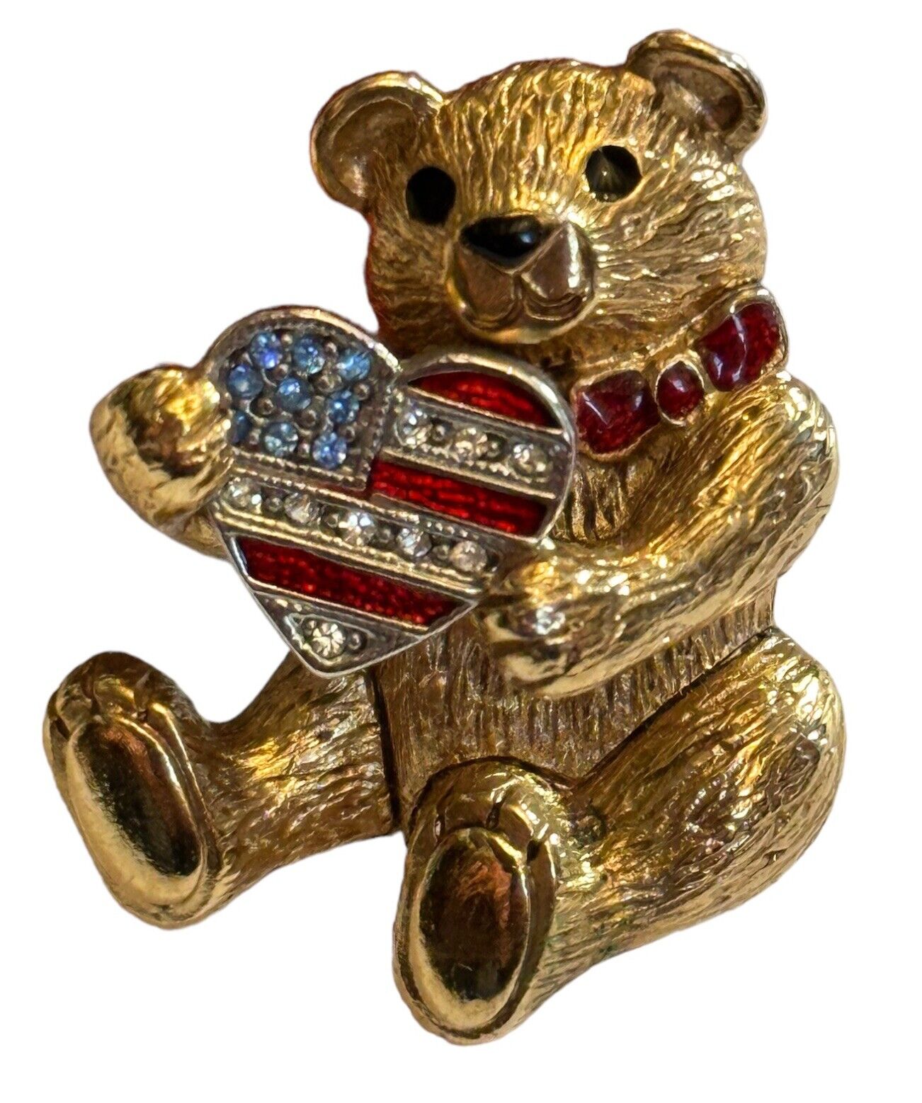 Vintage Gold Tone Signed Christopher Radko Teddy USA Flag Brooch