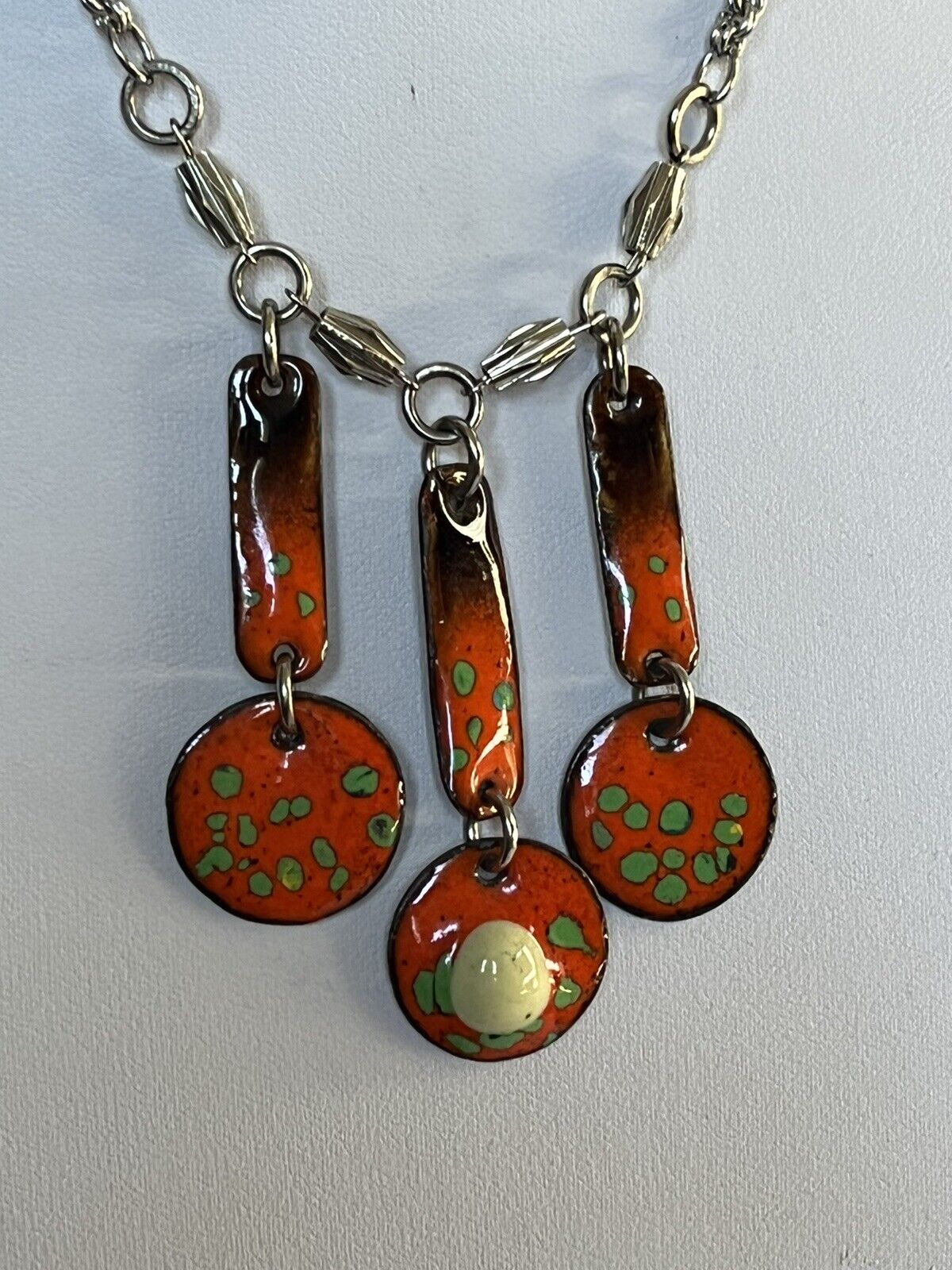 Vintage Red Orange Enamel Triple Drop Necklace