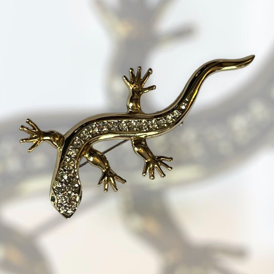 Vintage Gold Tone Diamanté Lizard Brooch