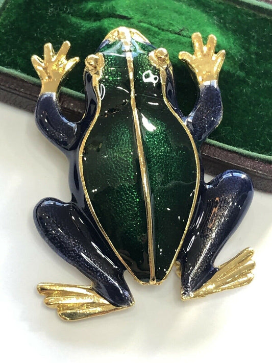 Vintage Gold Tone Green Blue Enamel Statement Frog Brooch