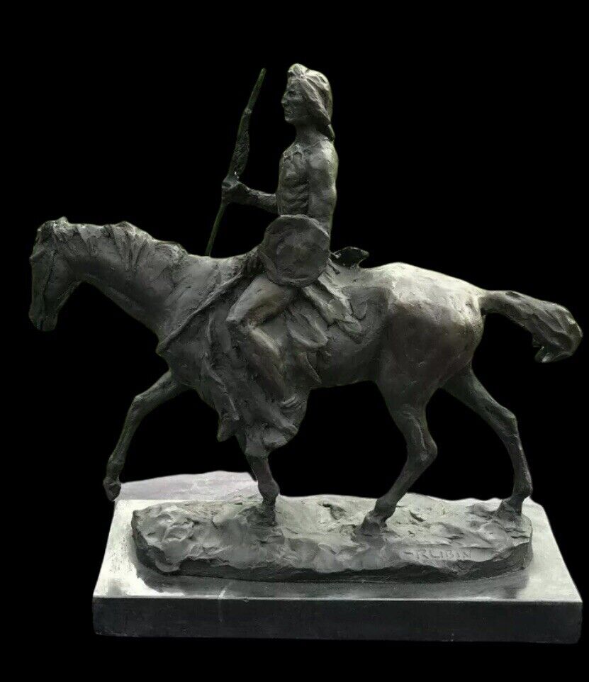 Bronze Indian Warrior Chief On Horseback, Signed On Base. Large In Size.