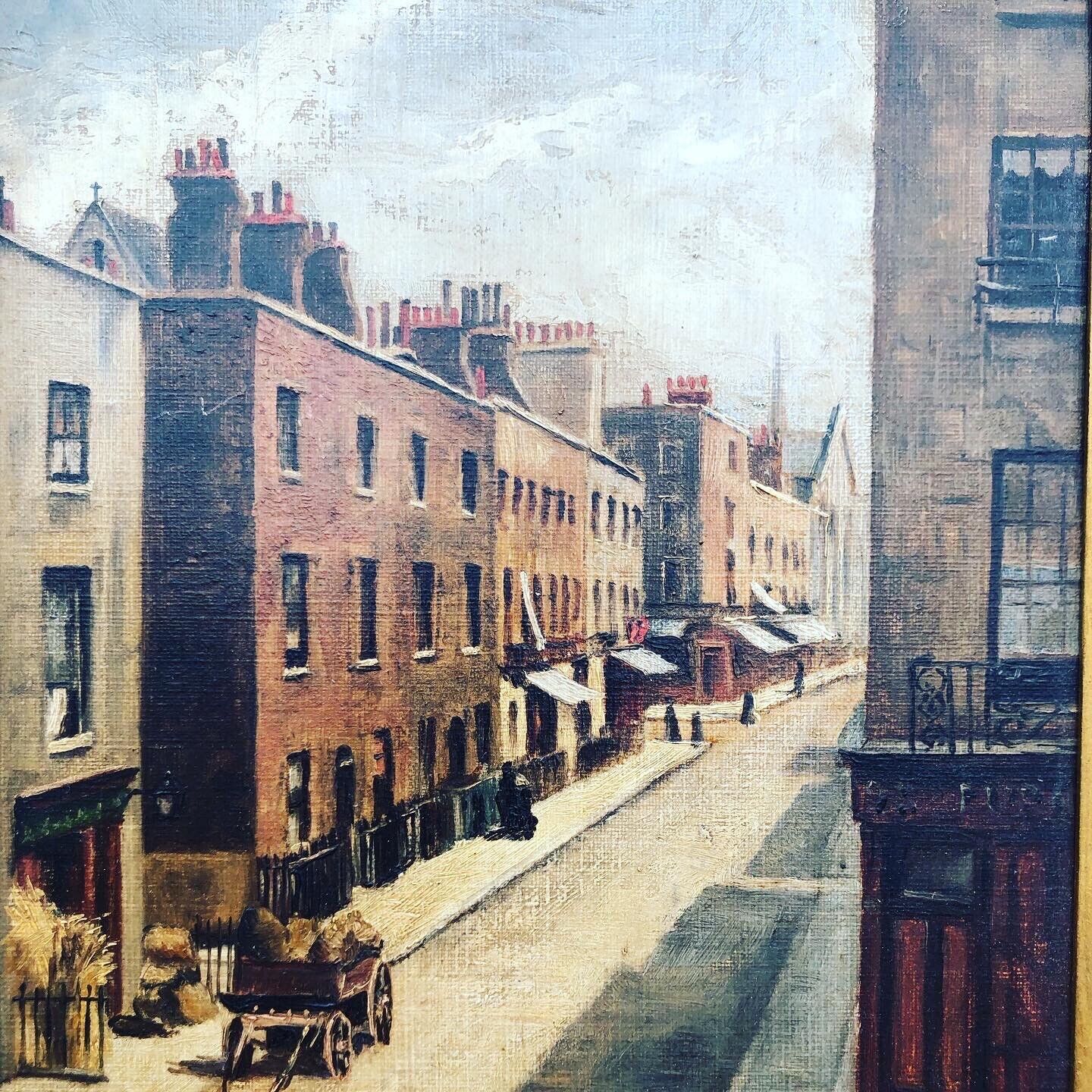 Victorian English Street Scene, Oil on board, Signed, In Gilt Frame.