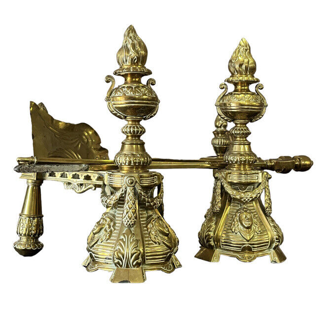 Victorian Brass Fire Tools & Fire dogs. Large And Exceptional Quality.